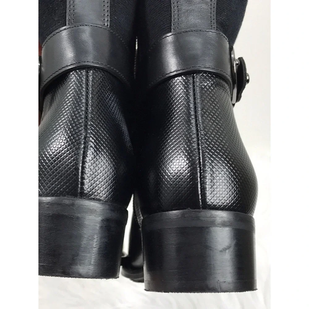 AQUATALIA Olalla Black Leather Knee High Boot Round Toe Riding Block Heel 8